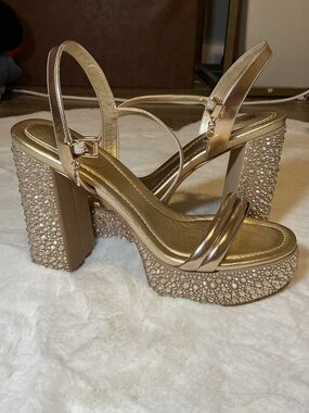 Michael Kors Gold Platform Crystal Block Heel Sandals - Women